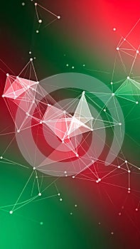 Abstract geometric network structure on red and green gradient background