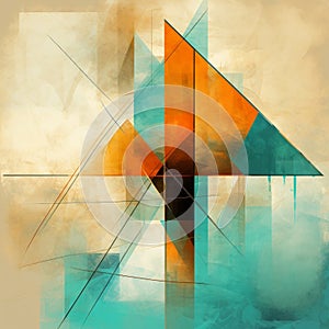 Abstract Geometric Painting In Light Turquoise And Dark Amber