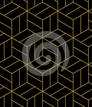 Abstract geometric pattern background with hexagonal and cube texture. Black and gold seamless grid lines. Simple