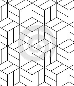 Abstract geometric pattern background with hexagonal and cube texture. Black and white seamless grid lines. Simple