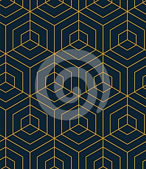 Abstract geometric pattern background with hexagonal and triangular texture. Blue and gold seamless grid lines. Simple