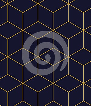 Abstract geometric pattern background with hexagonal and triangular texture. Blue and gold seamless grid lines. Simple