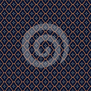 Abstract geometric pattern background with quatrefoil shapes texture. Blue and gold seamless grid lines. Simple geometry