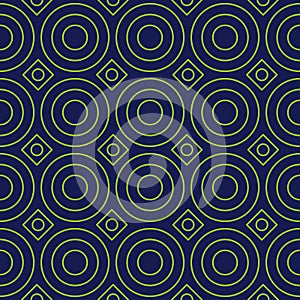 Abstract geometric pattern with circles and squares. A seamless background. Green and dark blue texture