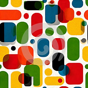 Abstract geometric pattern of colored rounded rectangles and circles on a grainy white background.