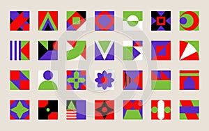 Abstract geometric pattern, colorful bauhaus forms. Basic memphis brutalism circles and squares, business grid