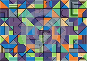 Abstract geometric pattern featuring a diverse array of shapes including triangles, rectangles, and