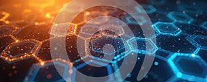 Abstract geometric pattern with glowing hexagons in blue and orange. Shows interconnected digital network or molecular structure.