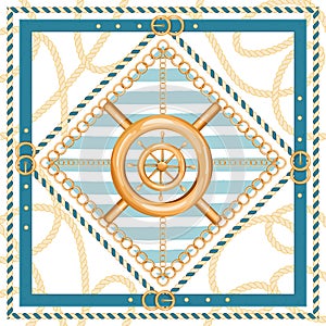 Abstract geometric pattern with golden chains, rope, belts, ship wheel and marine stripes.