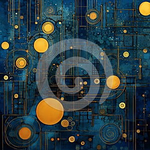 Abstract geometric pattern with golden circles and lines on a textured deep blue background, symbolizing elegance and photo