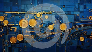 Abstract geometric pattern with golden circles and lines on a textured deep blue background, symbolizing elegance and photo