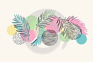 Abstract geometric pattern: grunge palm leaves, hand drawn doodle scribble circles, minimal texture