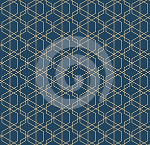 Abstract geometric pattern with lines and rhombuses A seamless vector background. Blue-black and gold texture