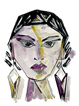 Abstract geometric pattern modern art woman portrait isolated on white background, watercolor hand drawn painting