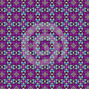 Abstract geometric pattern of pink purple violet green mosaic floral motifs on a dark purple background