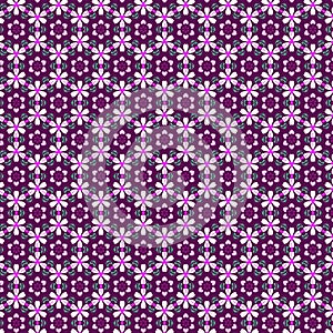 Abstract geometric pattern of pink, white and green mosaic floral motifs on a dark purple background