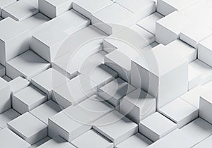 Abstract geometric pattern of raised white cubes and rectangular blocks forming a textured surface and clean design