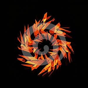 An abstract geometric pattern with sharp, angular shapes resembling flames,