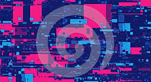 Abstract geometric pattern with vibrant blocks and digital glitch effect backdrop