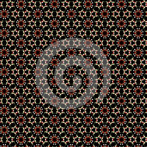 Abstract geometric pattern with white green red polka dots and strokes on a black background