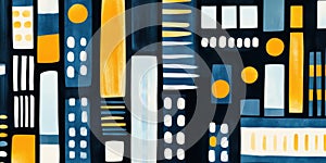 Abstract geometric pattern with rectangles circles and lines in yellow blue and white