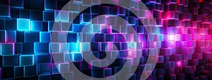 Abstract geometric pink blue neon light 3d texture wall with squares and square cubes background banner Generative Ai