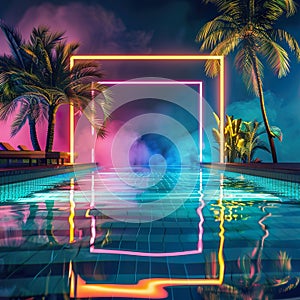 Abstract geometric pool party background with neon lines. Summer light music show scene
