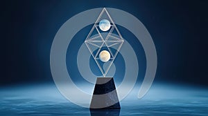 Abstract geometric sculpture with spheres in a minimalist dark setting with dramatic lighting