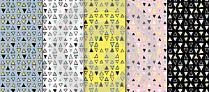 Abstract geometric seamless hand drawn pattern set. Modern free hand textures. Colorful geometric doodle backgrounds.