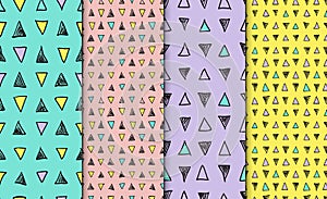 Abstract geometric seamless hand drawn pattern set. Modern free hand textures. Colorful geometric doodle backgrounds.