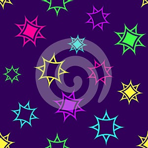 Abstract geometric seamless pattern, colorful stars on dark purple background. Vector