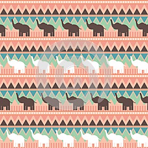 Abstract geometric seamless pattern with elephant, triangle and line tribal pattern. Green pink brown geometric print, ethnic hips