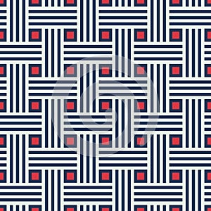 Abstract geometric seamless pattern with lines and square shapes in dark blue and red on white backgrounds.