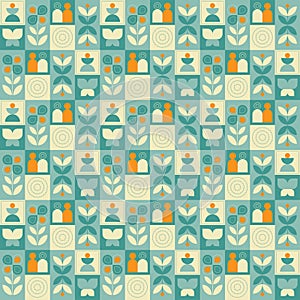 Abstract geometric seamless pattern. Mosaic design with the simple shape in green beige and orange on square block backgrounds