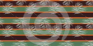 Abstract geometric seamless pattern with palm leaves and colorful horizontal stripes