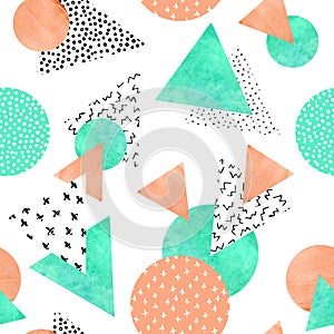 Triangles, circles with doodles, squiggles, scribbles, watercolor paper textures. photo