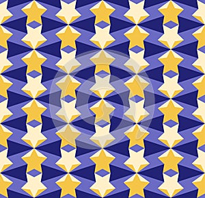 Abstract geometric seamless pattern with yellow stars and blue polygons fractal background rhomb fret motif