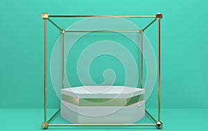 Abstract geometric shape group set, green studio background, golden cage, hexagon pedestal with gold detail, 3d