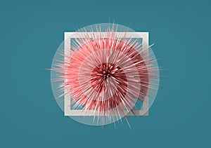 Abstract geometric shape like pink sea urchin with spikes coming out of a picture frame on blue background