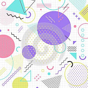Abstract geometric shape pattern in retro 80s on grid background