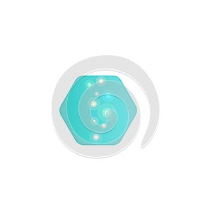 Abstract geometric shape, turquoise unusual laboratory vector logo. Bright bokeh in hexagon icon. Chemical bio particles