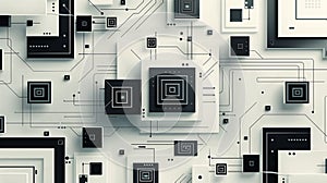 Abstract Geometric Shapes and Circuit Lines on a Soft Gradient Background