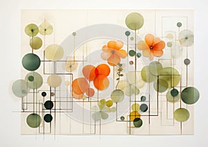 Abstract geometric shapes in earh colors (green, beige, orange), pressed flower art