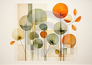 Abstract geometric shapes in earh colors (green, beige, orange), pressed flower art