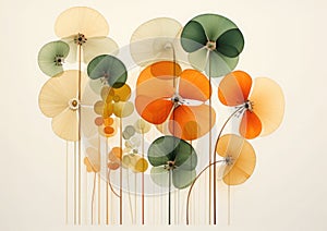 Abstract geometric shapes in earh colors (green, beige, orange), pressed flower art