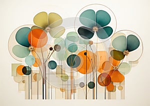 Abstract geometric shapes in earh colors (green, beige, orange), pressed flower art