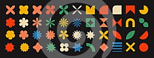 Abstract Geometric Shapes Set. Collection of Figures, Flowers, Hearts, and Sparkles Perfect for Print, Stickers, and