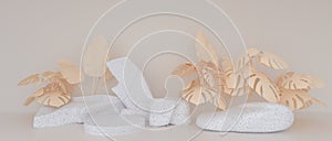 abstract geometric shapes Terrazzo or marble surface decorated with Monstera leaves. On a creamy backdrop, minimalist mockup for photo