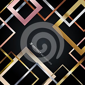 Abstract geometric square border pattern golden, silver, pink gold metallic overlapping on black background