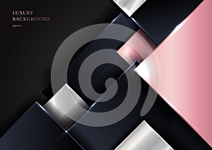 Abstract geometric square shape shiny pink gold, silver, dark blue color overlapping with shadow on black background